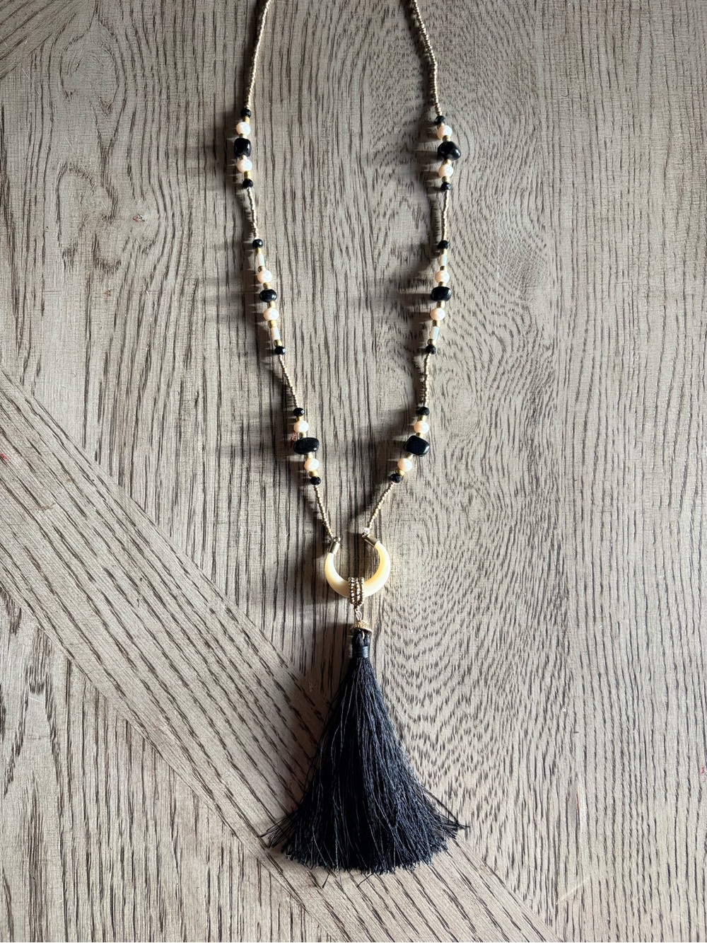 Beaded Black Tassel Pendant Necklace